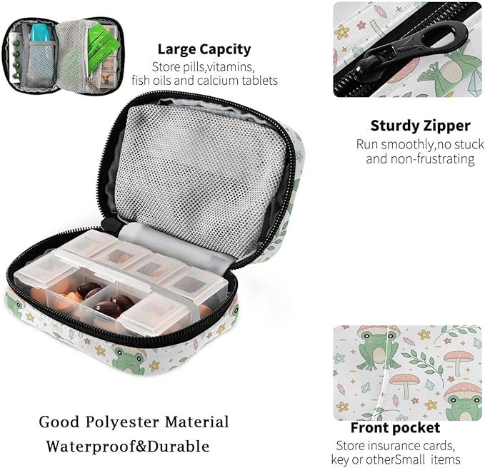 Fustylead Cute Frog and Mushrooms Flowers Twigs Stars Crystal Travel Pill Organizer Bag with Zipper Small Pill Box 7 Day Pill Case for Purse Storage Weekly Vitamin Medicine Supplement