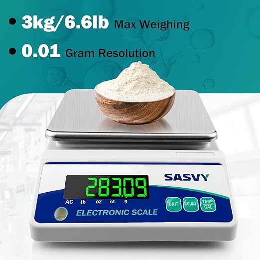 Lab Scale 3000g x 0.01g Scientific Scale g/oz/ct/lb High Precision Digital Electronic Analytical Balance for Jewelry Kitchen Laboratory School, Includes 500g Calibration Weight Battery