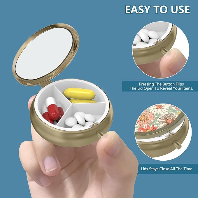 Pill Case Pill Box with Mirror Retro 3 Compartment Small Pill Case for Purse or Pocket Bronze Small Roud Pill Box or Vitamins, Fish Oil, Supplements, Pill Containe Travel Gifts（Retro Rose Floral）