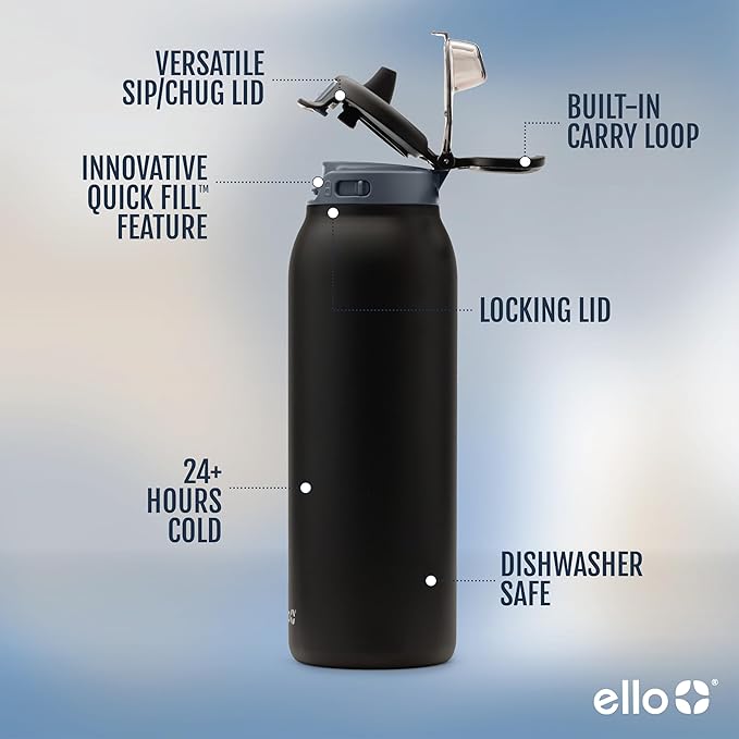 Ello Pop & Fill Insulated Stainless Steel Water Bottle with Quick Fill Lid, Leakproof Locking, Sip or Chug Spout, BPA-Free, Double Wall Vacuum Insulated for Sports, Travel & School- 22oz / 32oz / 40oz