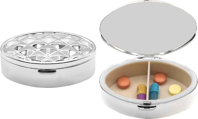 Set of 2 Oval-Shaped Pocket Purse Pill Box & Organizer with Dual Compartments (Silver Texture)
