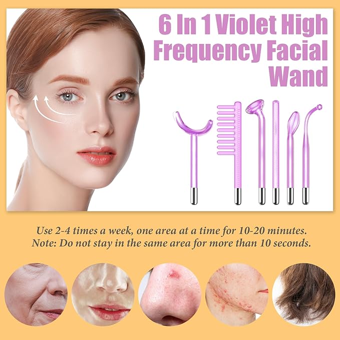 High Frequency Facial Wand - Uaike 6 in 1 Violet Portable Handheld High Frequency Facial Machine with 6 Pcs Purple Glass Tubes - at Home Face Skin Wand Device for Neck/Body/Hair/Face