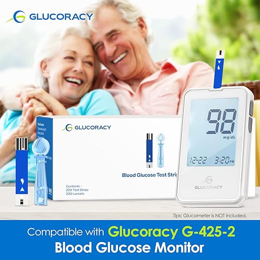 Blood Glucose Test Strips Set, 200 Test Strips & 200 Blood Lancets, Only Work with Glucoracy G-425-2/G-425 Blood Sugar Monitor, Self Diabetes Blood Glucose Home Monitoring, No Coding Required
