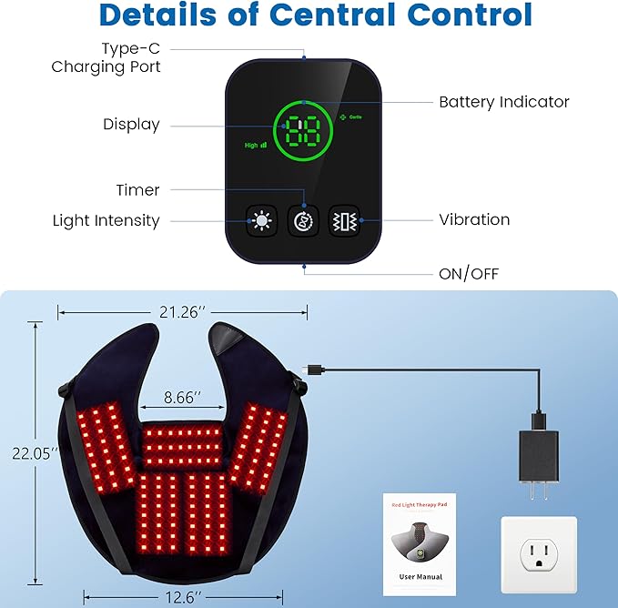 Cordless Red Light Therapy for Neck Shoulder Pain Reilef, 120 LEDs Wearable Infrared Heating Wrap with Massager and Timer, 660nm & 850nm Near-Infrared Red Light Therapy Pad, Blue