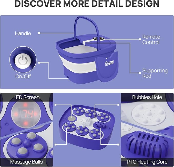 HOSPAN Collapsible Foot Spa Electric Rotary Massage, Foot Bath with Heat, Bubble, Remote, and 24 Motorized Shiatsu Massage Balls. Pedicure Foot Spa for Feet Stress Relief - FS02A