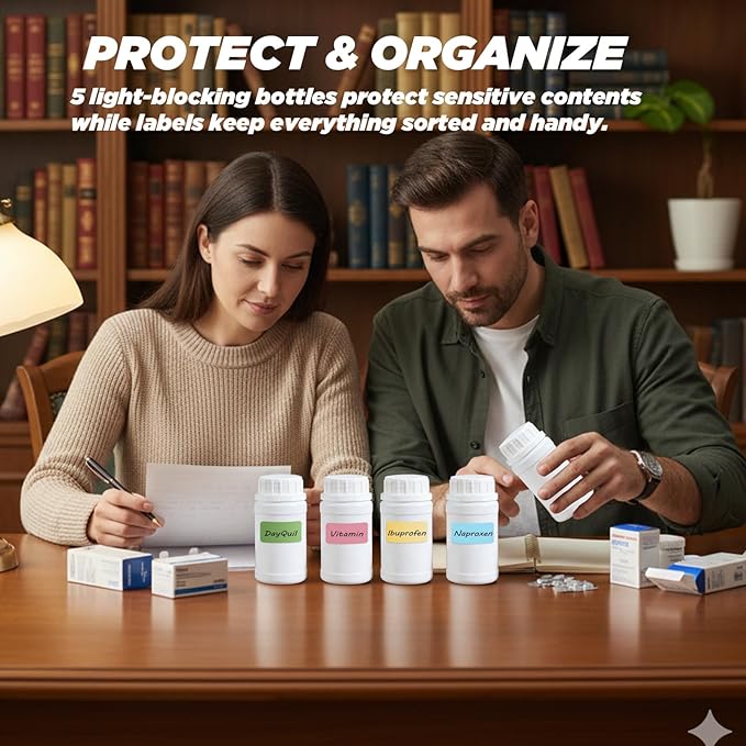 5 Pack Small Empty Plastic Bottles for Pills - Travel Medicine Containers with Lids & Labels, Portable Daily Organizer Storage for Vitamins, Medication Essentials