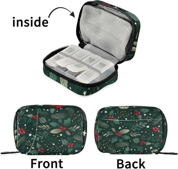 Holly Berries Pine Needles Stars Dark Green Travel Pill Organizer Case Box Container Weekly Portable Vitamin Medicine Holder Storage Bag with Zipper Removable