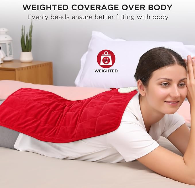 Comfytemp Weighted Heating Pad for Period & Back, 2.2lb Extra Large Menstrual Heated Pad, 12" x 24" XL Electric Heat Pad with 9 Heat Level & 11 timers auto-Off for Neck Shoulder Leg Knee Abdomen, Red