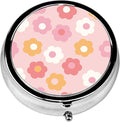 Pill Box, 3 Compartments Small Boho Pill Case Travel Portable Metal Medicine Box with Mirror Mini Container for Purse Pocket Women Men(Pink Groovy Flower)