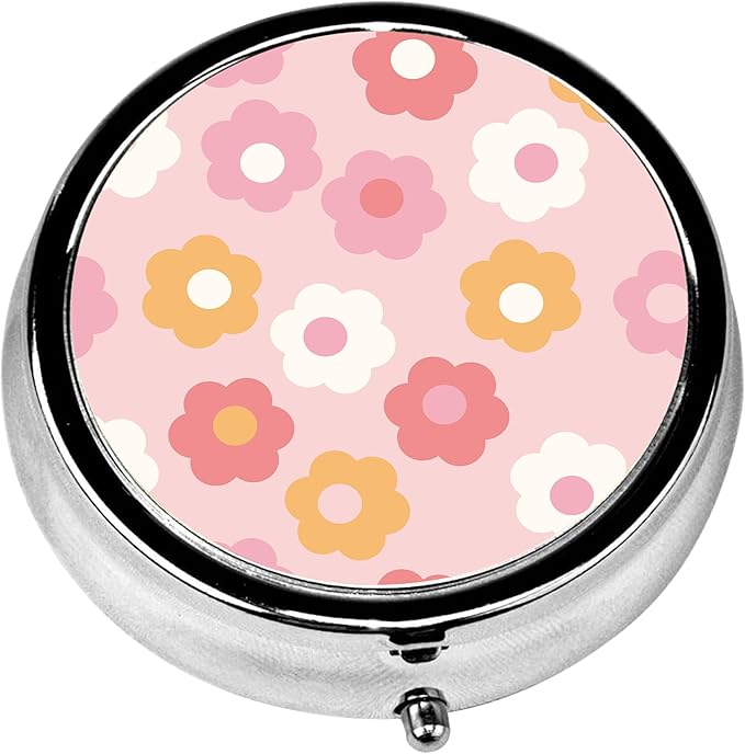 Pill Box, 3 Compartments Small Boho Pill Case Travel Portable Metal Medicine Box with Mirror Mini Container for Purse Pocket Women Men(Pink Groovy Flower)