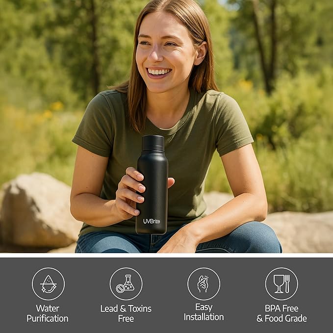 UVBRITE UV self-Cleaning and Water-Purifying Bottle TT-B02-18.6 Ounce Insulated Rechargeable Stainless-Steel Tumbler with Safety Lock Prevents Accidental Exposure Ideal for Outdoor and Emergency use