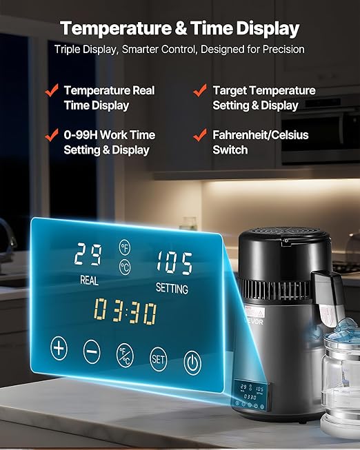 VEVOR 1750W Water Distiller, 0.4Gal/H Distilled Water Maker with Glass Carafe, 4L/1.1Gal Countertop Distiller Machine, 0-99H Time Temp Dual Display, Anti-Dry Design 304 Stainless Steel Still, Grey