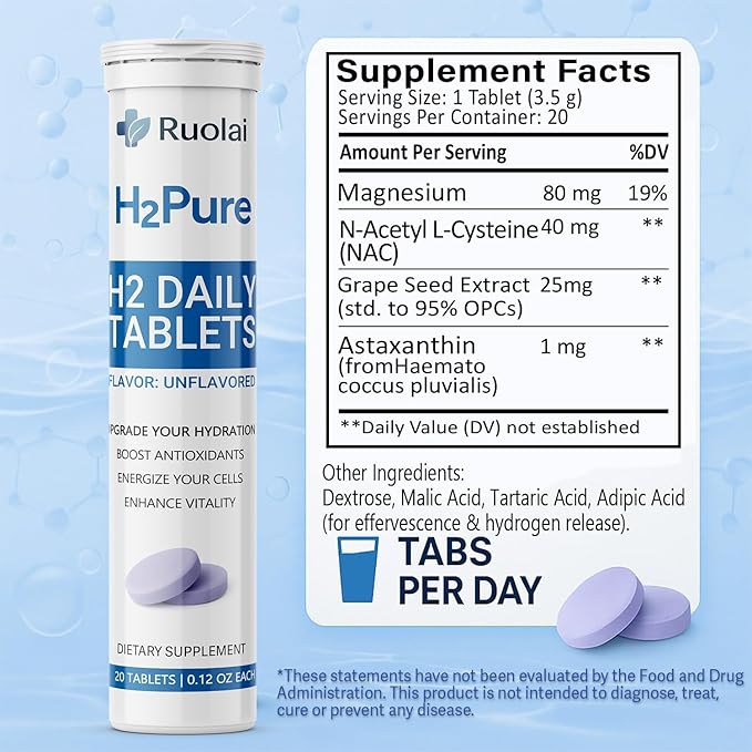 Ruolai H2pure Hydrogen Tablets – H2 Tabs – Fast-Dissolving Hydrogen Supplement for Cellular Hydration, Detox, Liver & Mental Clarity – Caffeine-Free, Vegan (Unflavored)