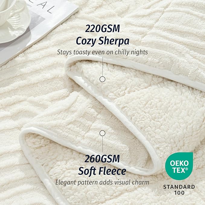 Wemore Jacquard Fleece Weighted Blanket Queen Size 60" x 80" 15lbs, Ultra Soft Cozy Sherpa Weighted Blankets for Adults, Ultra Fuzzy Heavy Blanket for Sleep, Fluffy Warm Throw for Bed, Cream White