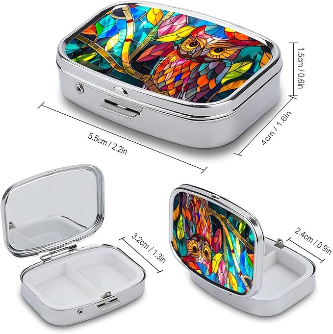 Horned Owl Pill Box 2 Compartment Flora and Fauna Stained Glass Portable Medicine Pill Case Travel Pill Organizer for Pocket Purse