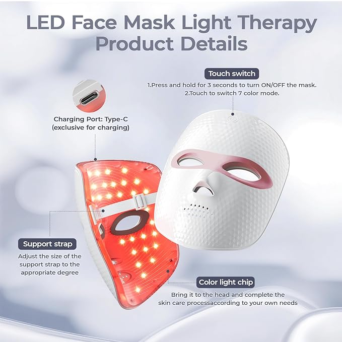 Red Light Therapy for Face-LED Face Mask Light Therapy with 3 Gears,2500mAh Battery,Infrared Red Light Therapy Mask for Home Working Travel Yoga Sleep