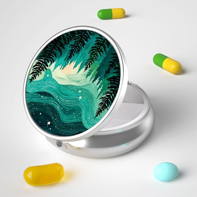 Pill Box, 3 Compartment Portable Travel Medicine Box with Mirror, Compact and Cute, Fits in Purse and Pocket, Medicine and Vitamin Organizer (Forests)