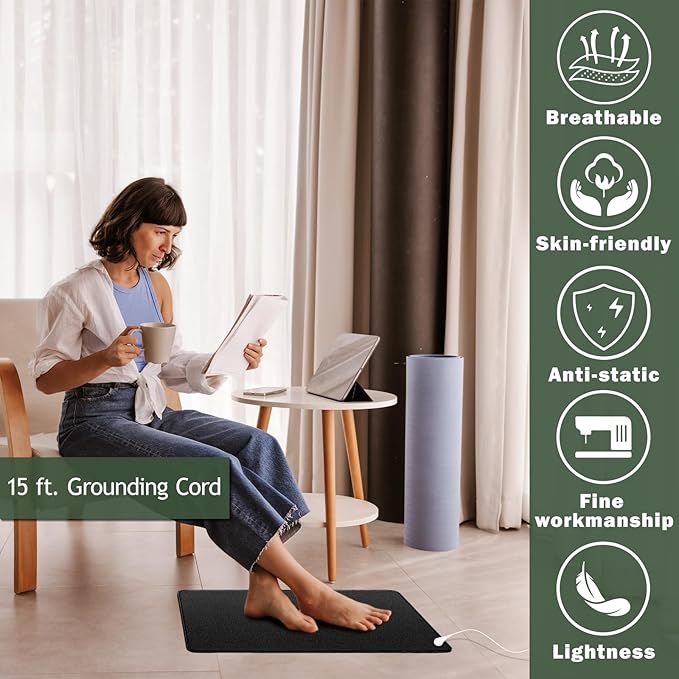 Grounding Mat Kit, 15ft Grounding Cord, Use for Ground Foot Mats, Computer Mat, Sleep Mat, Pet,Soft & Cozy, Home Use (23.6" x 13")