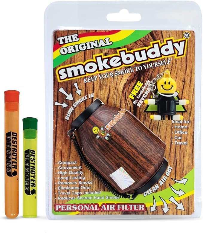 100% Authentic Smoke Buddy Bundled with Two Exclusive Destroyer Plastics Odor Proof Tubes One Large One Small (Smoke Buddy Original, Wood)