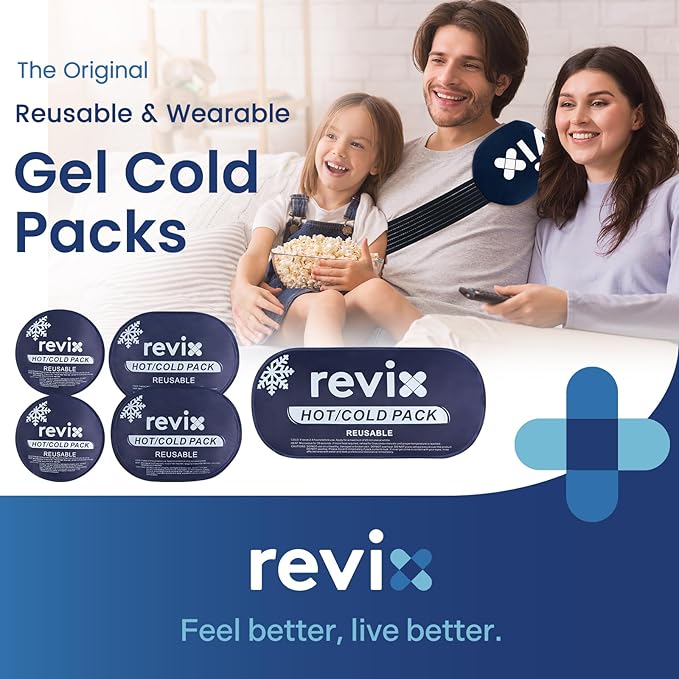 REVIX Reusable Ice Packs for Injuries – 5-Piece Gel Cold Packs with Hand-Free Design, Hot Cold Compress for Knee, Back, Shoulder, Neck, Elbow, Post-Workout or Daily Use, Navy