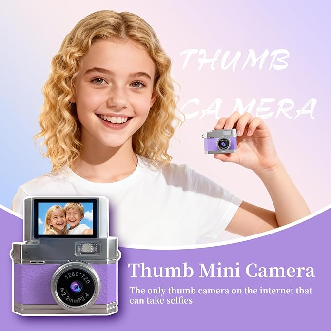 ‌Mini Keychain Digital Camera Purple - HD Mini Digital Camera with 0.96" Flip Screen & 32GB Card,Funny Gifts for Friends, for Mom