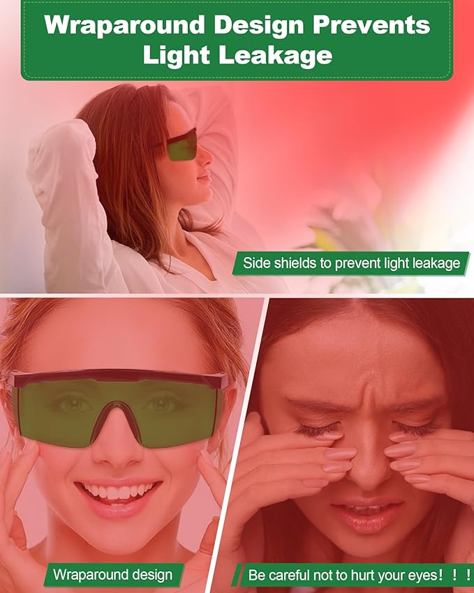 LIGHTMEUP Red Light Therapy Glasses Eye Protection for Infrared & LED Sessions Deep Green Goggles with 200-2000nm Harmful Wavelength Blocking, Maintain Visibility Full-Coverage Adjustable Leg 3 Pairs