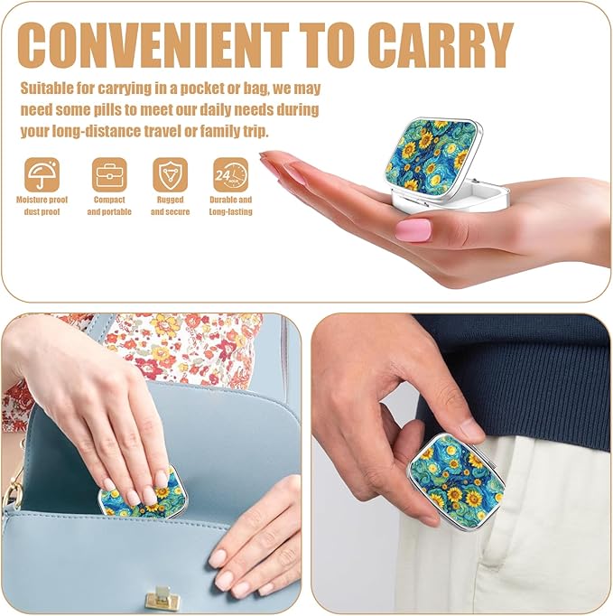 Pill Box-2 Compartment Small Pill Case Square Organizer Case with Mirror Portable Metal Medicine Box Travel Container for Pocket & Purse Women Men(Starry Night Sunflower)