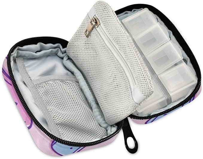 Summer Ice Cream Pink Travel Pill Organizer Case Box Container Weekly Portable Vitamin Medicine Holder Storage Bag with Zipper Removable