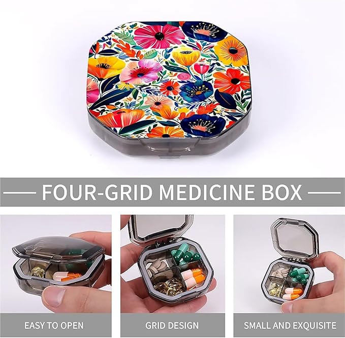 This Portable Bohemian Style Flower Pattern 4 Compartment Pill Box Can Be Placed in A Pocket Or Wallet to Store Vitamins, Medicines Health Supplements Other Medications.