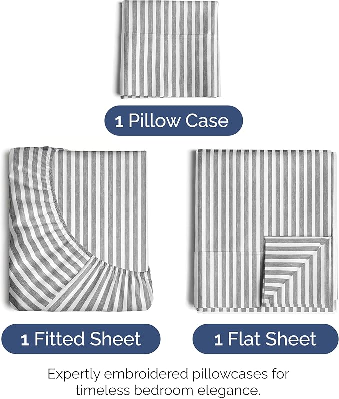 Twin XL Size 3-Piece Sheet Set - Extra Soft, Breathable & Cooling - Hotel Luxury Durable Bed Sheets - Deep Pockets, Easy-Fit & Wrinkle-Free - Grey Stripes Oeko-Tex