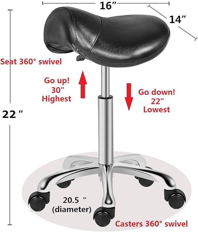 Kaleurrier Saddle Stool Rolling Swivel Height Adjustable with Wheels,Heavy Duty Stool,Ergonomic Stool Chair for Lab,Clinic,Dentist,Salon,Massage,Office and Home Kitchen (Black, Without Back)
