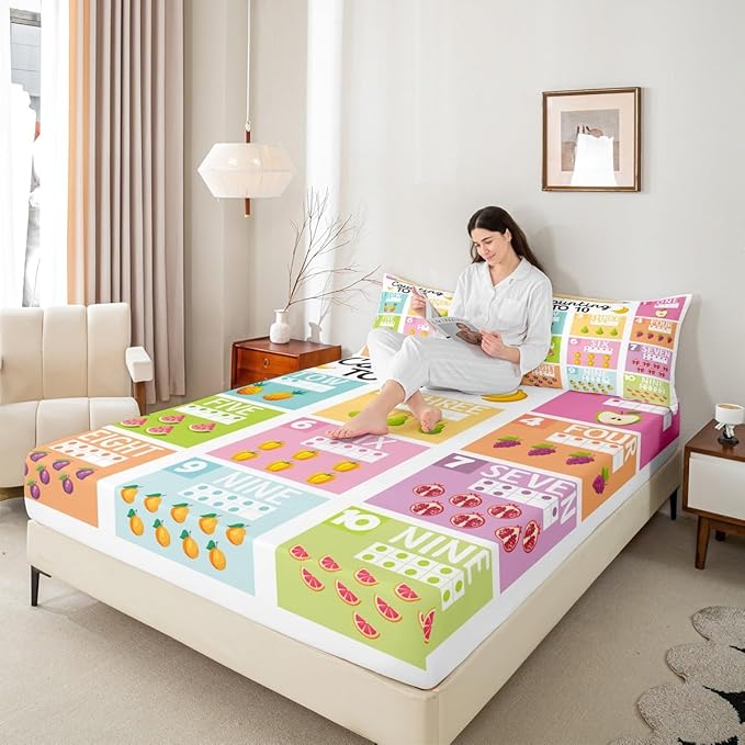 Feelyou Kids Numbers Bedding Set Twin Size, Educational Bed Sheet Set Boys Girls for Fruits Fitted Sheet Learning Teens Bedroom Decor with 1 Pillow Case (No Flat Sheet)