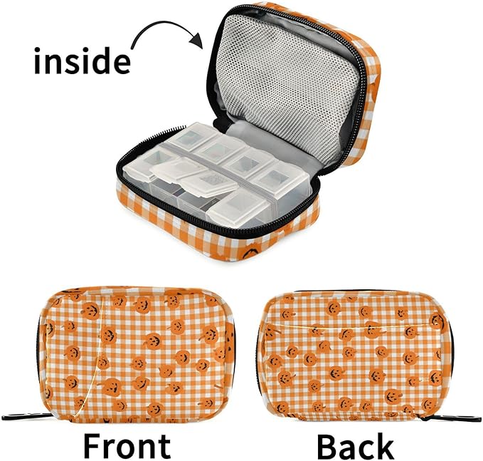 Halloween Orange Plaid Pumpkins Travel Pill Organizer Case Box Container Weekly Portable Vitamin Medicine Holder Storage Bag with Zipper Removable