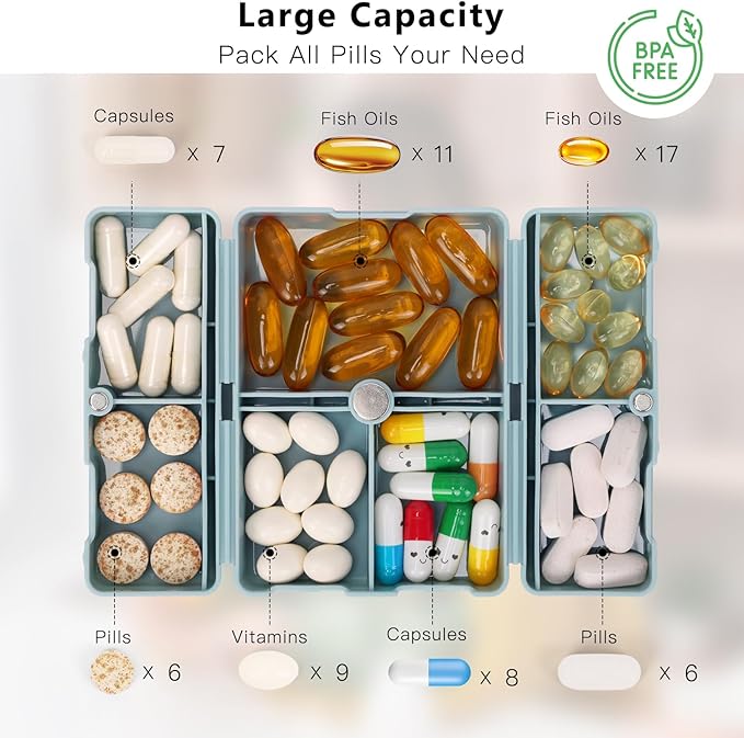 FYY Daily Pill Organizer,2 Pcs 7 Compartments Portable Pill Case Travel Pill Organizer,[Folding Design] Pill Box for Purse Pocket to Hold Vitamins,Cod Liver Oil,Supplements and Medication-Blue