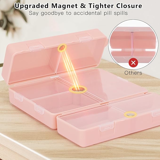 FYY Daily Pill Organizer,2 Pcs 7 Compartments Portable Pill Case Travel Pill Organizer,[Folding Design] Pill Box for Purse Pocket to Hold Vitamins,Cod Liver Oil,Supplements and Medication-Pink+Navy