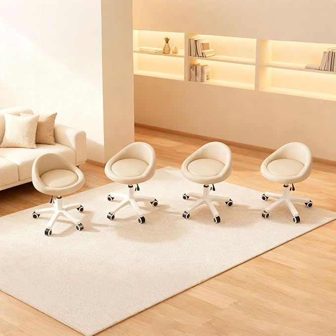Rolling Stool Set of 4– Ergonomic Swivel Seat, Adjustable Height, Ultra-Quiet Wheels, Padded PU Leather Cushion, for Salon, Office, Massage & Medical Use Khaki