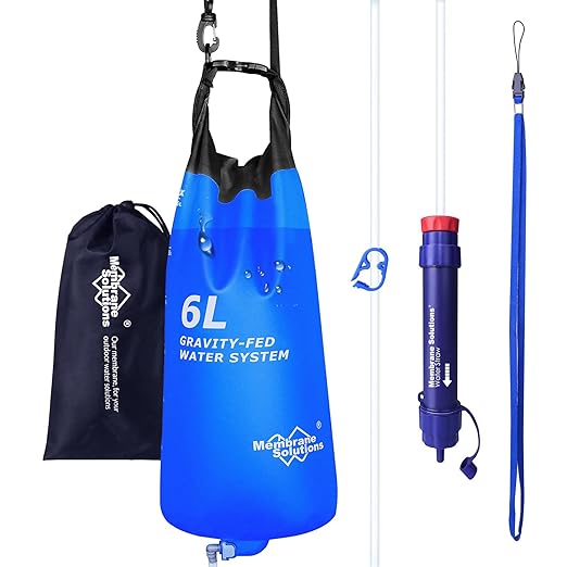 Membrane Solutions Gravity Water Filter Pro 6L, NSF/ANSI 42&372&401 Certified, 0.1 μm Versatile Water Purifier Camping with Adjustable Tree Strap Storage Bag, Survival Gear for Emergency Preparedness