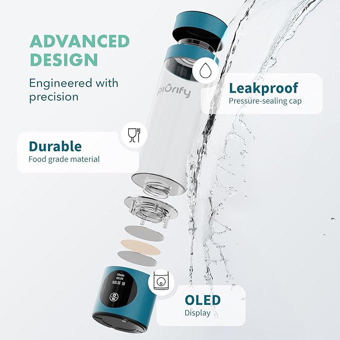 Hydrogen Water Bottle Generator - Up to 4100+ PPB Molecular Hydrogen Infusion - SPE/PEM Technology - Certified H2 Generator - Rechargeable - Extended Warranty - 10 oz (Turquoise)