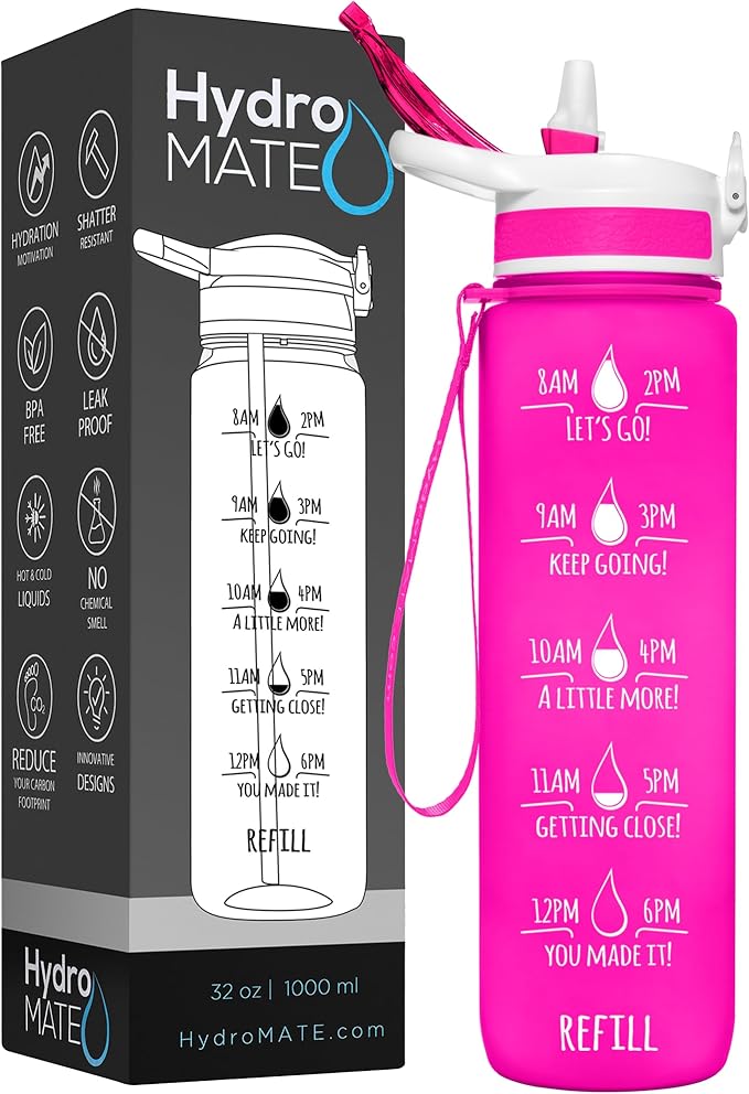 NatureWorks HydroMATE 32 oz Water Bottle with Time Markings Hourly BPA Free Reusable Leak Proof with Straw and Carrying Strap 1 Liter
