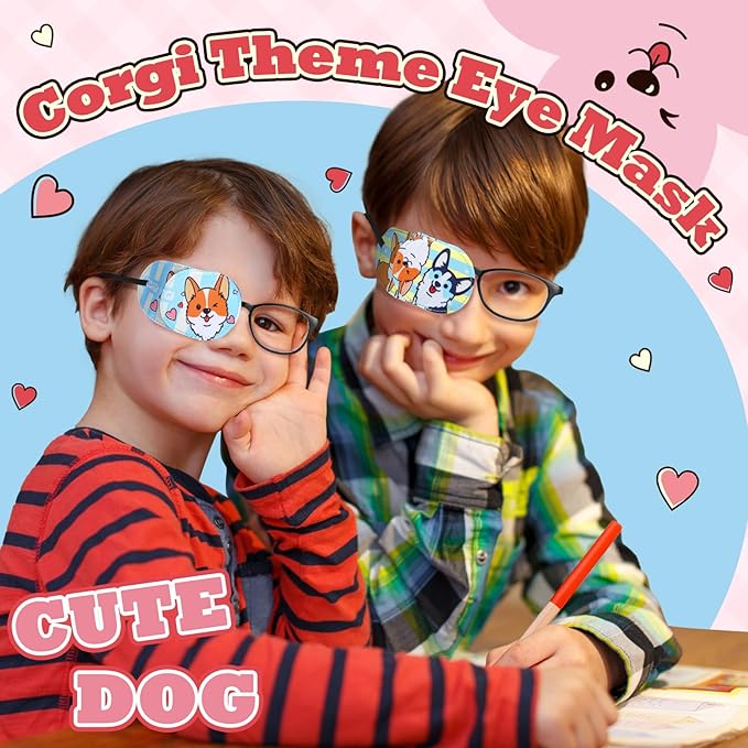 Newcotte 12 Pcs Eye Patch for Kids Toddler Reusable Adjustable Girls Boys Eyepatch for Glasses Left or Right Eye Patch, Assorted Patterns (Corgi Dog)