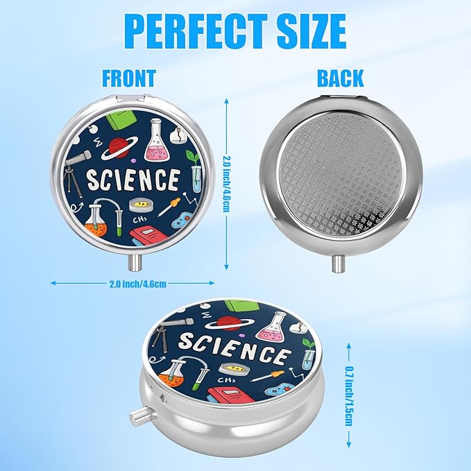 Blue Science Pill Case, Pill Box 3 Compartments Metal Small Pill Holder with Mirror Mini Travel Pill Container for Purse Pocket Women Men