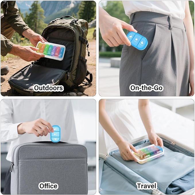 Vikie Weekly Pill Organizer 3 Times a Day with Morn NOON Night Sections, BPA-Free, Portable & Moisture-Proof for Pills, Vitamins, Supplements (3x7 Transparent + Rainbow)