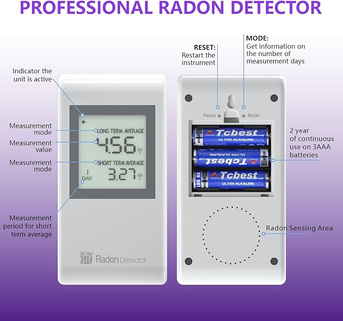Home Radon Detector with Bracket，Portable Radon Test Kit for Home with Long and Short Term Radon Monitoring, Lightweight, Easy-to-Use, AAA Battery-Powered USA Version, PCi/L