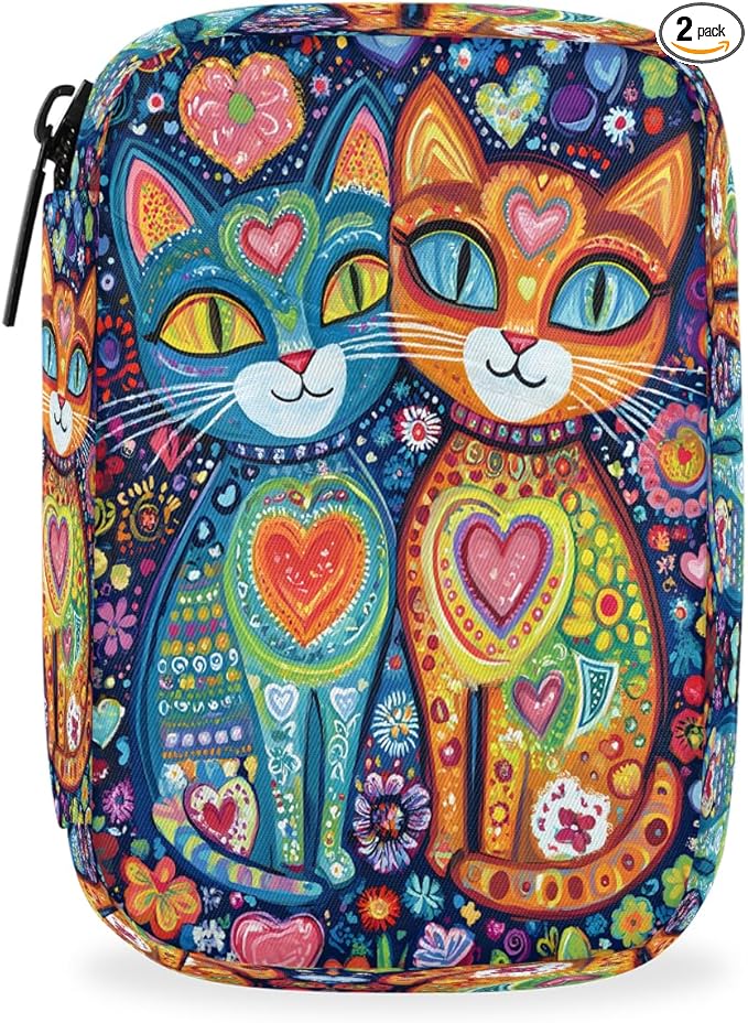 Abstract Cat Ethnic Pill Case Travel Pill Organizer Weekly 7 Day Portable with Zipper Medicine Box Pill Case for Vitamins, Birth Control,Fish Oils,Medication, Supplements