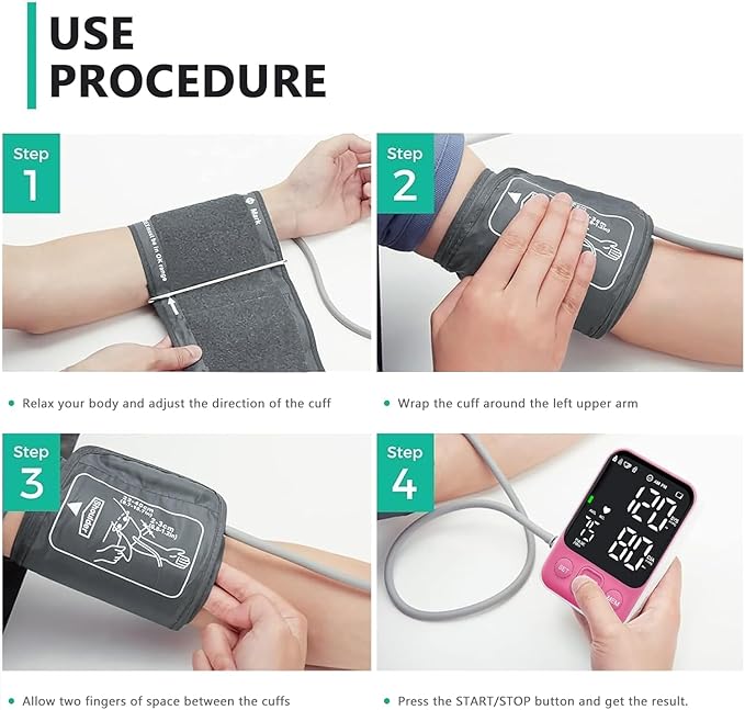 Blood Pressure Monitor Upper Arm Monitors for Home Use BP Machine with 2x120 Reading Memory Adjustable Arm Cuff 8.7"-15.7" Large Display with LED Background Light Storage Bag Pink
