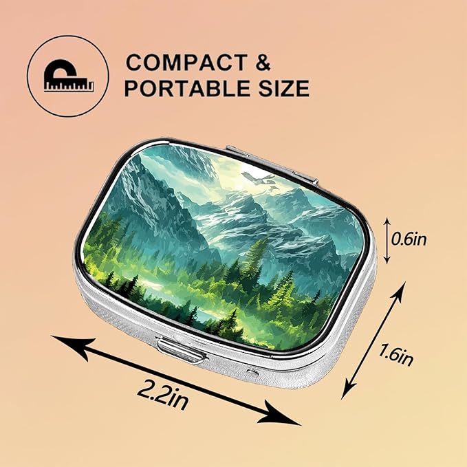 Square Pill Case Small Pill Box with Mirror Pocket 2 Compartment Vitamin Pill Medicine Case Organizer Pill Containers for Traveling Coniferous Forest Mountain Range