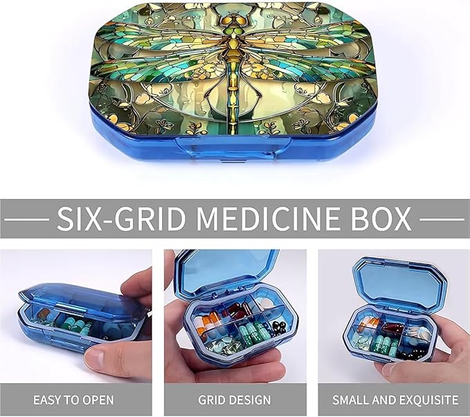 This Portable Vintage Stained Glass Dragonfly Pattern 6-Compartment Pillbox Can Be Placed in A Pocket Or Wallet to Store Vitamins, Medicines Fish Oil Health Supplements Other Medications.