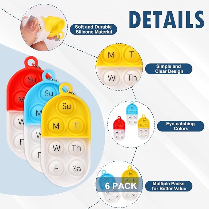 6 Pack Medication Pill Tracker Pill Reminder with Ties Reusable Daily Pill Tracker Portable Pill Bottle Tracker with Button 7 Day Memory Aid Medication Dose for Bottles The Elderly