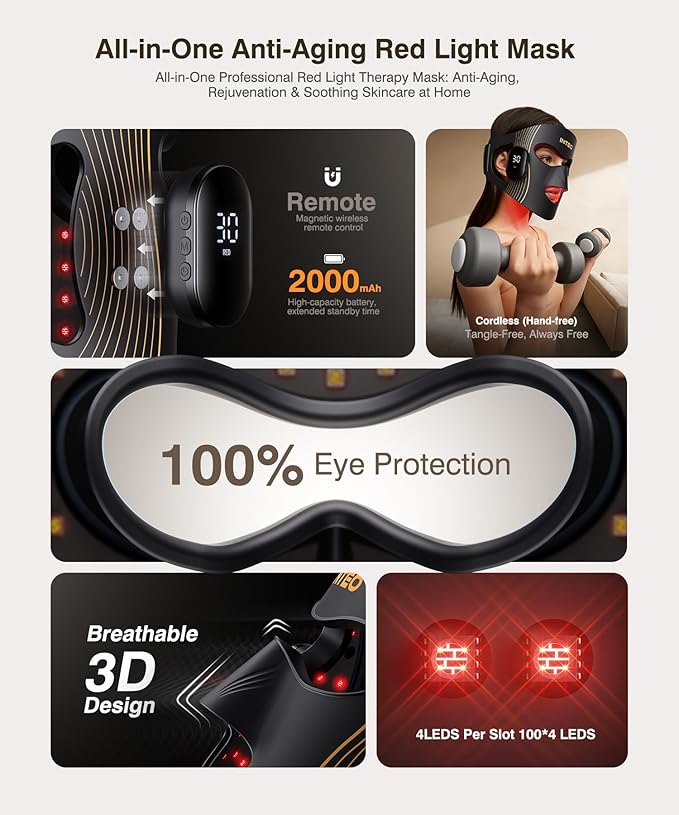 Red Light Therapy for Face 4 Modes, Breathable Red Light Therapy Mask with 4 Color Light Modes, 850NM Infrared LED Face Mask Light Therapy with Timer, Portable Led Mask for Home & Travel