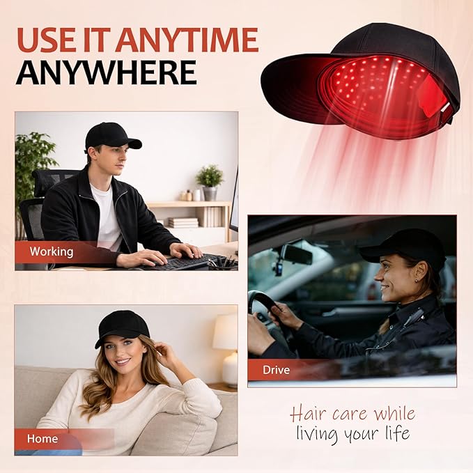 LLLT Laser Hair Growth Cap - 650nm Red Light Therapy for Hair Regrowth, Full Scalp Coverage Treatment for Men & Women with Thinning Hair, Portable & Hands-Free, Black